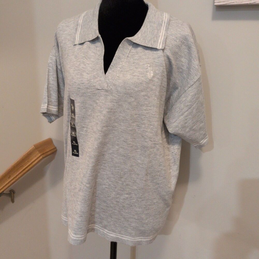 New US Polo Assn Women Skipper Collar Polo Shirt Gray Tipped Knit Top XL